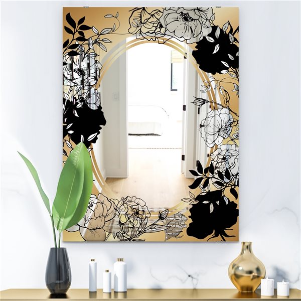 Designart Gold Botanical Obsidian 5 Rectangular 35.4-in L x 23.6-in W Polished Glam Black Wall Mounted Mirror