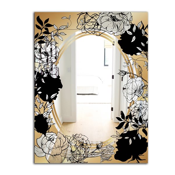 Designart Gold Botanical Obsidian 5 Rectangular 35.4-in L x 23.6-in W Polished Glam Black Wall Mounted Mirror