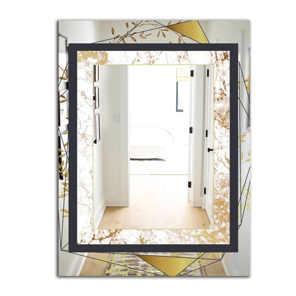 Designart Gold Botanical Blooming 5 Rectangular 35.4-in L x 23.6-in W  Polished Glam Black Wall Mounted Mirror