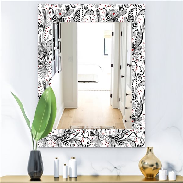 Designart 35.4-in x 23.6-in White/Black/Red Floral Pattern Bohemian and Eclectic Mirror