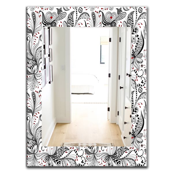 Designart 35.4-in x 23.6-in White/Black/Red Floral Pattern Bohemian and Eclectic Mirror