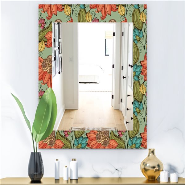 Designart 35.4-in x 23.6-in Orange Colourful Floral Pattern I Bohemian and Eclectic Mirror