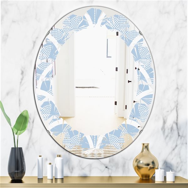 Designart 31.5-in x 23.7-in Blue Japanese Style Half Modern Oval Wall Mirror