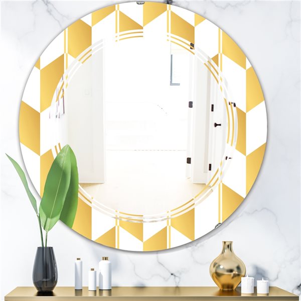 Designart 24 In Gold And White Geometric Pattern I Round Wall Mirror   330887222 MainImage 001 L 