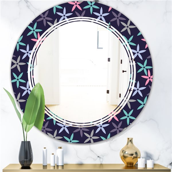 Designart 24-in Blue Retro Abstract Flower Design V Round Wall Mirror ...