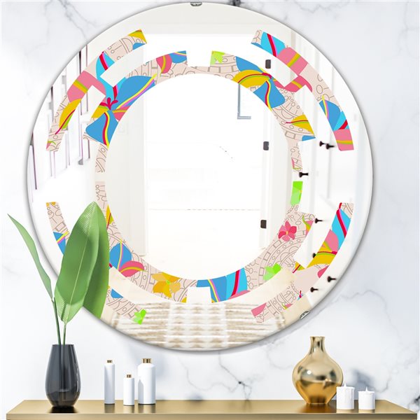 Designart 24-in Retro Pink and Yellow Flowers Modern Round Wall Mirror ...