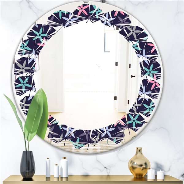 Designart 24-in Retro Abstract Flower Design V Blue Round Wall Mirror ...