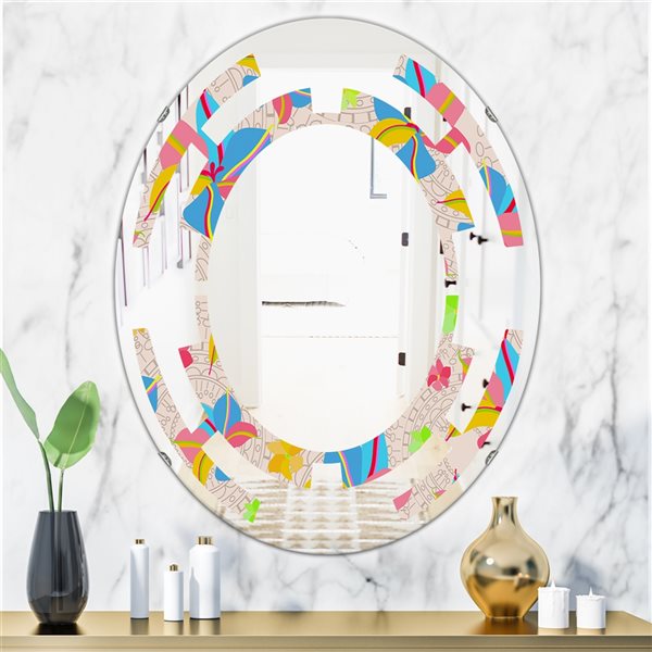 Designart 31.5-in x 23.7-in Retro Pink Yellow Flowers Modern Oval Wall ...