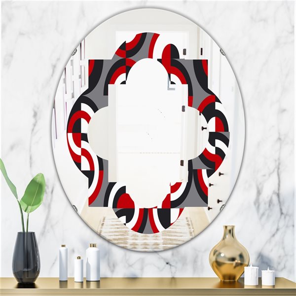 Designart 31.5-in x 23.7-in Red Retro Circular Pattern Geometrical Modern Oval Wall Mirror