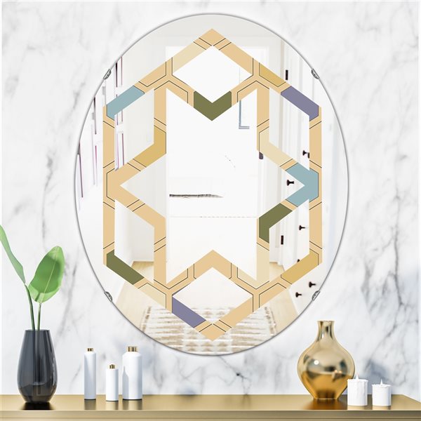 Designart 31.5-in x 23.7-in Retro Hexagon PatternX Beige Modern Oval ...