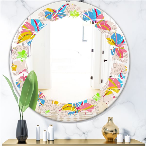 Designart 24-in Retro Pink Yellow Flowers Modern Round Wall Mirror ...