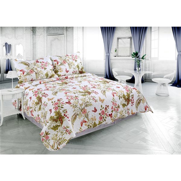 Marina Decoration Red, Pink, Gold and Yellow Floral King Quilt Set - 3-Piece