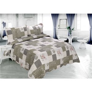 Marina Decoration Taupe and Cream Floral Queen Quilt Set - 3-Piece