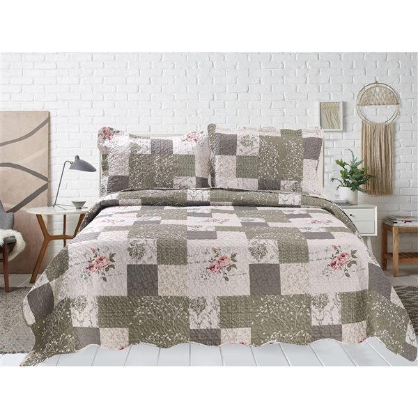 Ensemble de courtepointe florale Marina Decoration taupe et crème pour très grand lit, 3 mcx