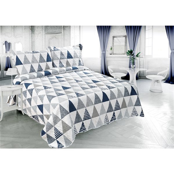 Ensemble de courtepointe géométrique Marina Decoration bleu marine, gris et argent pour très grand lit, 3 mcx