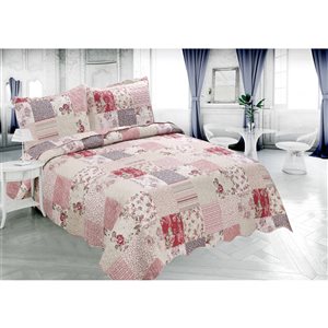Marina Decoration Red and Pink Floral Plaid King Quilt Set - 3-Piece