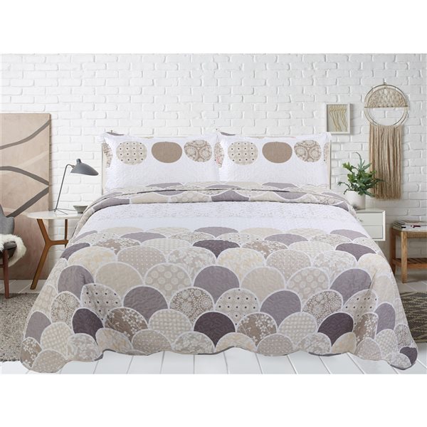 Marina Decoration Grey, Silver, Taupe and Cream Geometric Full/Queen Quilt Set - 3-Piece