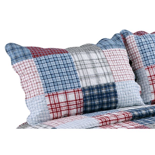 Marina Decoration Navy Blue, Red, Grey and Silver Plaid King Quilt Set - 3-Piece