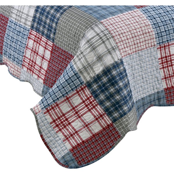 Marina Decoration Navy Blue, Red, Grey and Silver Plaid King Quilt Set - 3-Piece