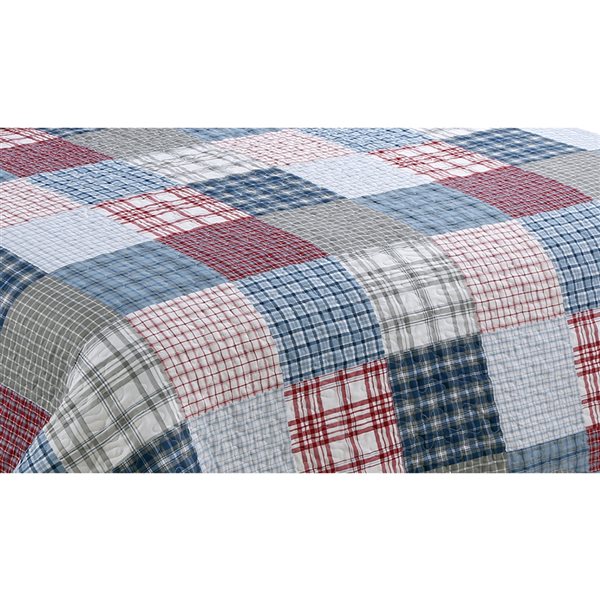 Marina Decoration Navy Blue, Red, Grey and Silver Plaid King Quilt Set - 3-Piece