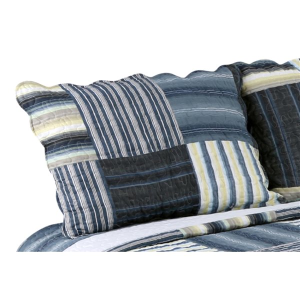 Marina Decoration Navy Blue, Taupe and Yellow Plaid King Quilt Set - 3-Piece