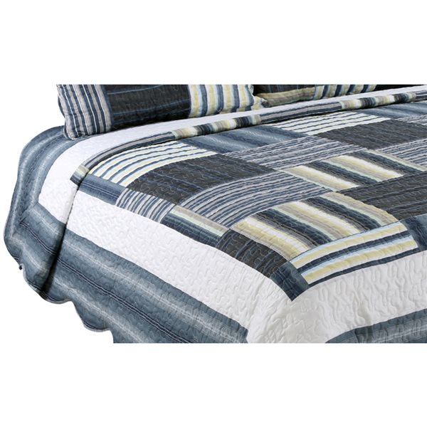 Marina Decoration Navy Blue, Taupe and Yellow Plaid King Quilt Set - 3-Piece