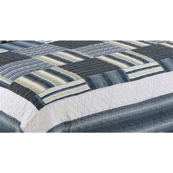 Marina Decoration Navy Blue, Taupe and Yellow Plaid King Quilt Set - 3-Piece