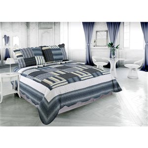 Marina Decoration Navy Blue, Taupe and Yellow Plaid King Quilt Set - 3-Piece