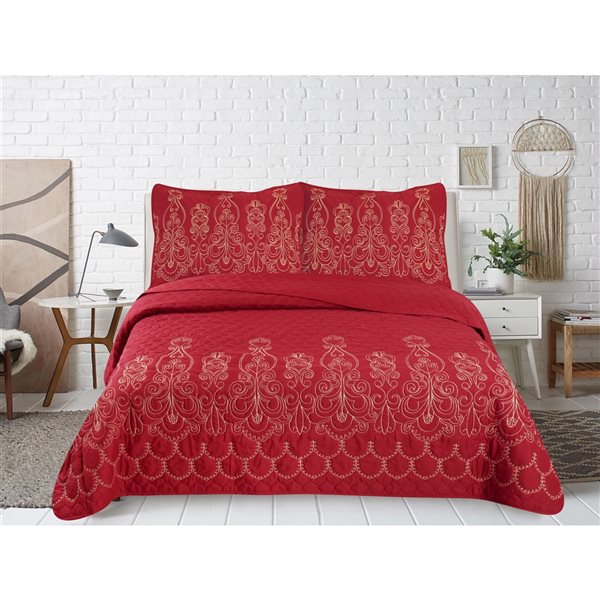 Marina Decoration Red Floral Full/Queen Quilt Set - 3-Piece