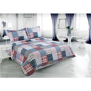 Marina Decoration Navy Blue, Red, Grey and Silver Plaid Full/Queen Quilt Set - 3-Piece