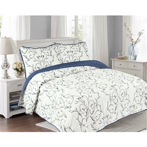 Marina Decoration Navy Blue and White Floral King Quilt Set - 3-Piece