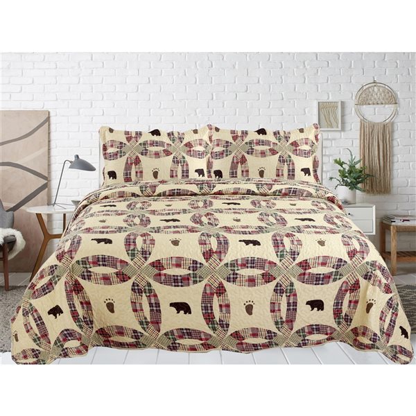 Marina Decoration Cream, Green, Red and Blue Bear Full/Queen Quilt Set - 3-Piece