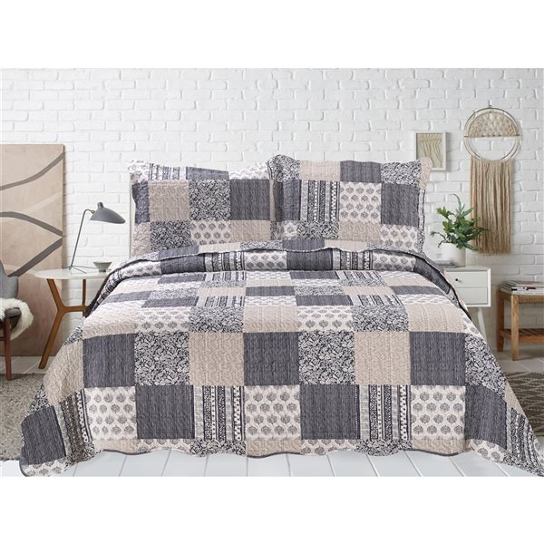 Marina Decoration Navy Blue and Taupe Plaid Twin Quilt Set - 2-Piece