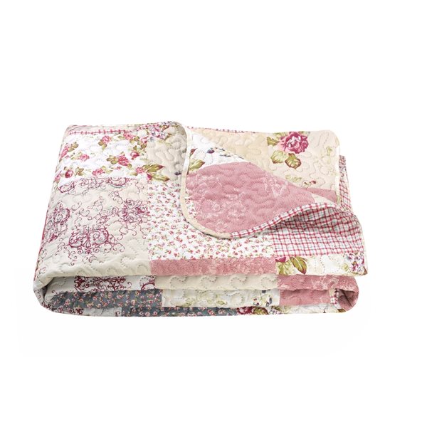 Marina Decoration Red and Pink Floral Plaid Twin Quilt Set - 2-Piece