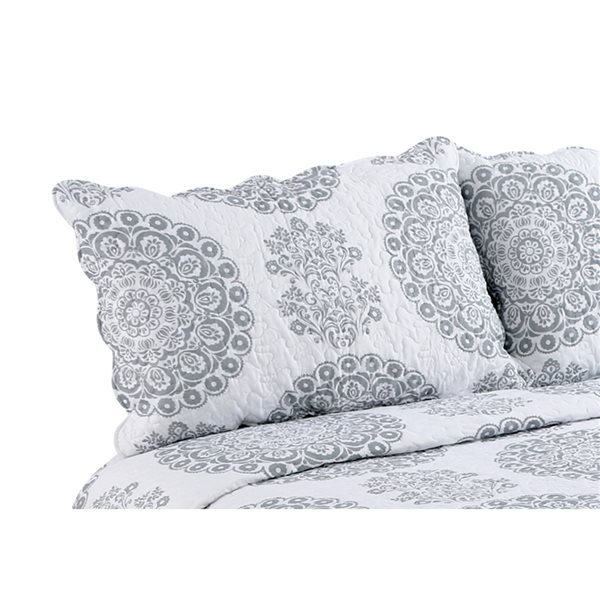 Marina Decoration Grey and White Floral King Quilt Set - 3-Piece