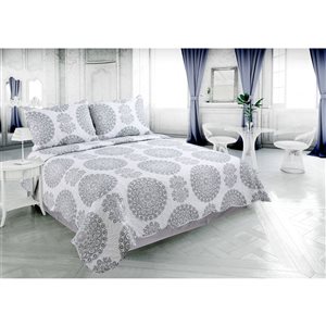 Ensemble de courtepointe florale Marina Decoration gris et blanc pour très grand lit, 3 mcx