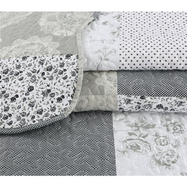 Marina Decoration Grey, Silver and Taupe Floral King Quilt Set - 3-Piece