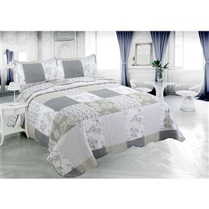 Ensemble de courtepointe florale Marina Decoration gris, argent et taupe pour très grand lit, 3 mcx