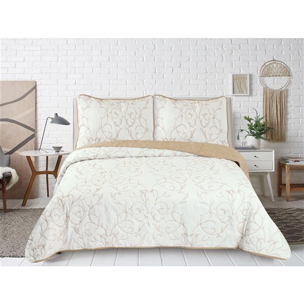 Marina Decoration Gold and White Floral Full/Queen Quilt Set - 3-Piece