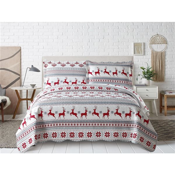 Marina Decoration Red, Grey and Silver Christmas King Quilt Set - 3-Piece