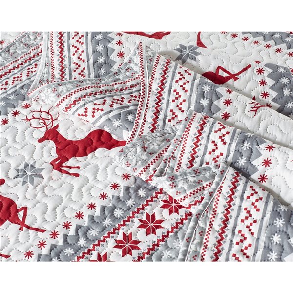 Marina Decoration Red, Grey and Silver Christmas King Quilt Set - 3-Piece