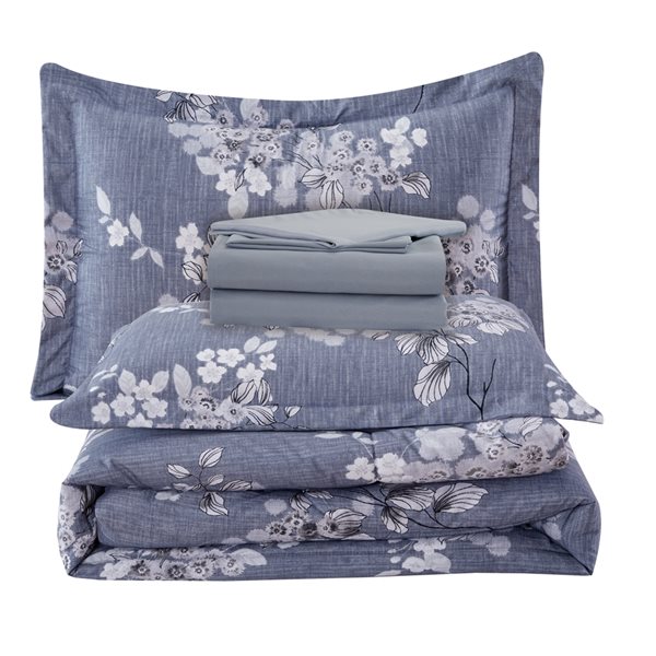 Marina Decoration Grey and White Floral Full Comforter Set - 7-Piece