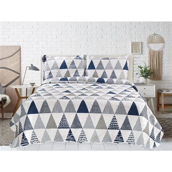 Marina Decoration Navy Blue, Grey and Silver Geometric Full/Queen Quilt Set - 3-Piece