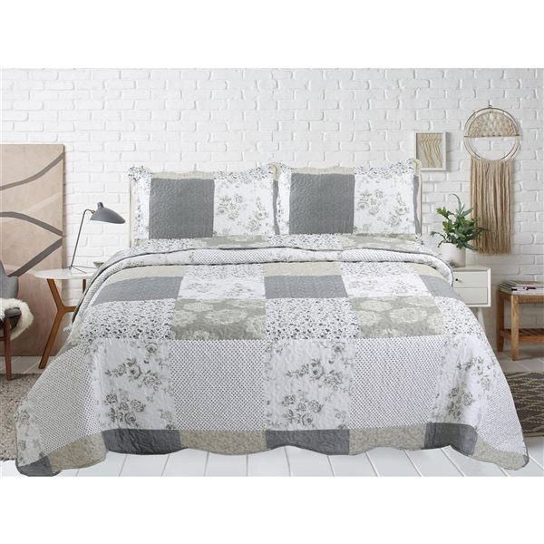 Ensemble de courtepointe florale Marina Decoration gris, argent et taupe pour grand lit et lit à deux places, 3 mcx