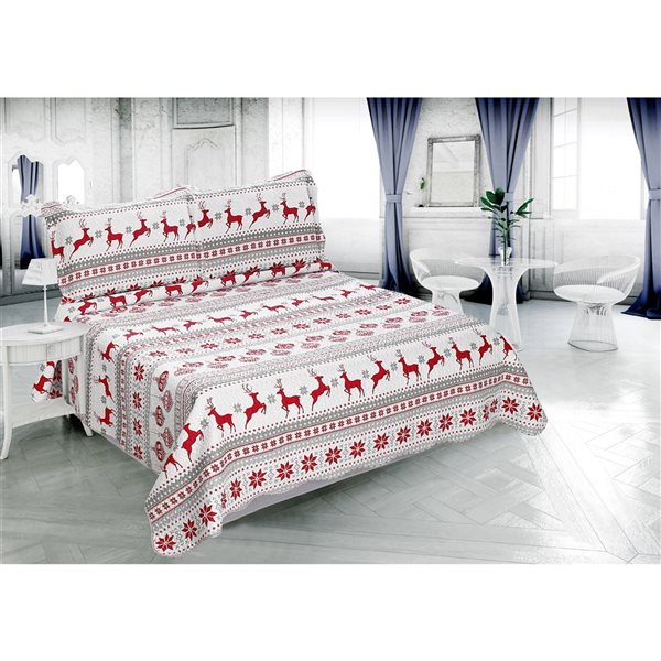 Marina Decoration Red, Grey and Silver Christmas Full/Queen Quilt Set - 3-Piece