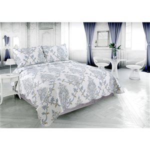 Ensemble de courtepointe damassée Marina Decoration bleu et gris pour grand lit et lit à deux places, 3 mcx