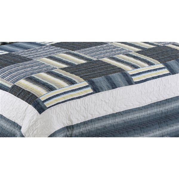 Marina Decoration Navy Blue, Taupe and Yellow Plaid Full/Queen Quilt Set - 3-Piece