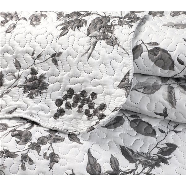 Marina Decoration White and Grey Floral King Quilt Set - 3-Piece