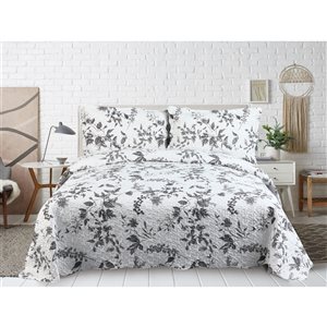 Marina Decoration White and Grey Floral King Quilt Set - 3-Piece