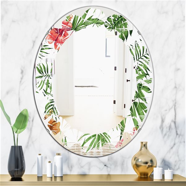 Designart 31.5-in x 23.7-in Tropical Botanicals And Flowers II Modern Oval Wall Mirror